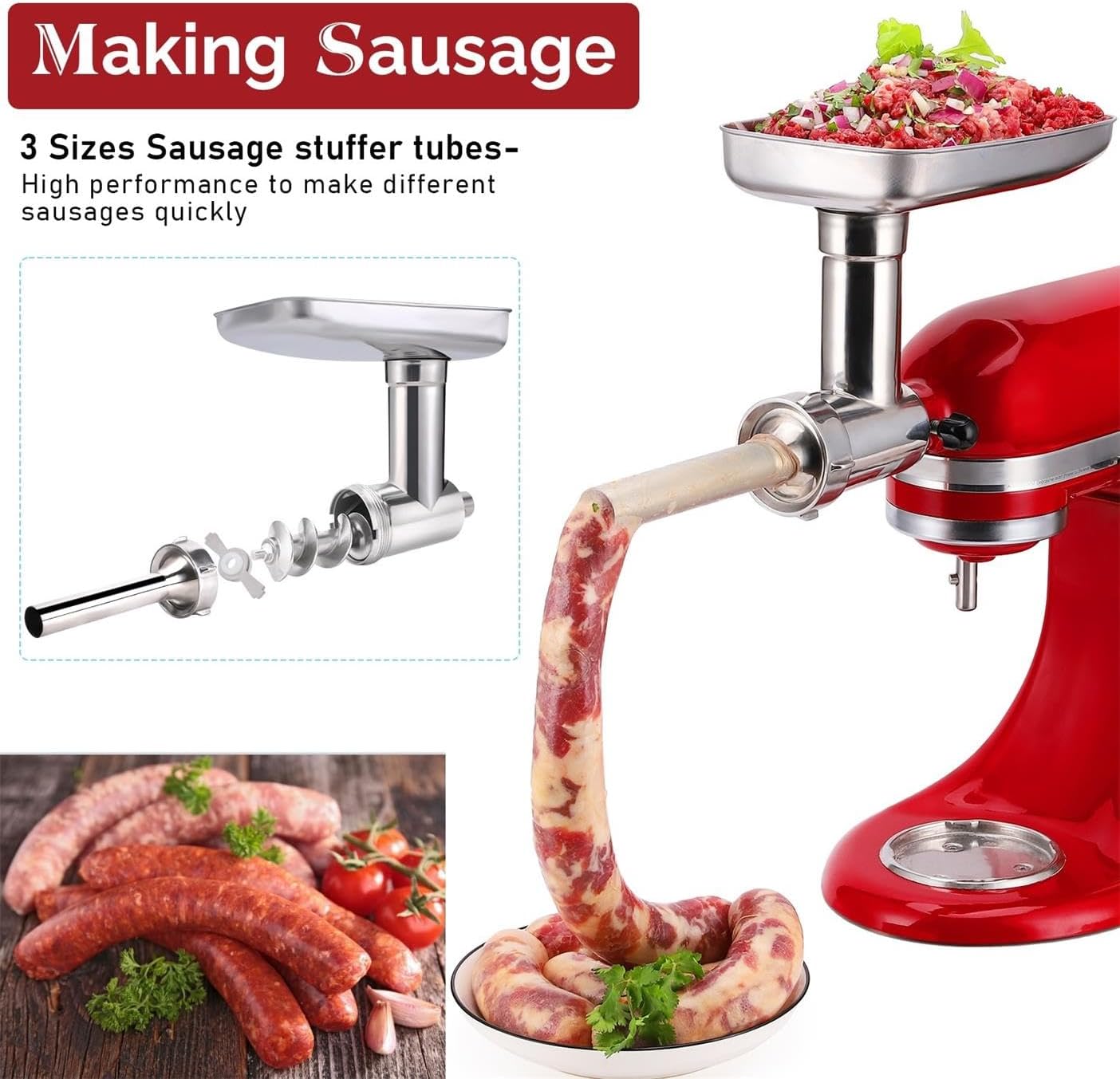 Stainless Steel Food Grinder Attachment for KitchenAid Mixers, Dishwasher Safe Meat Processor Aceesory Included 3 Sausage Stuffer Tubes