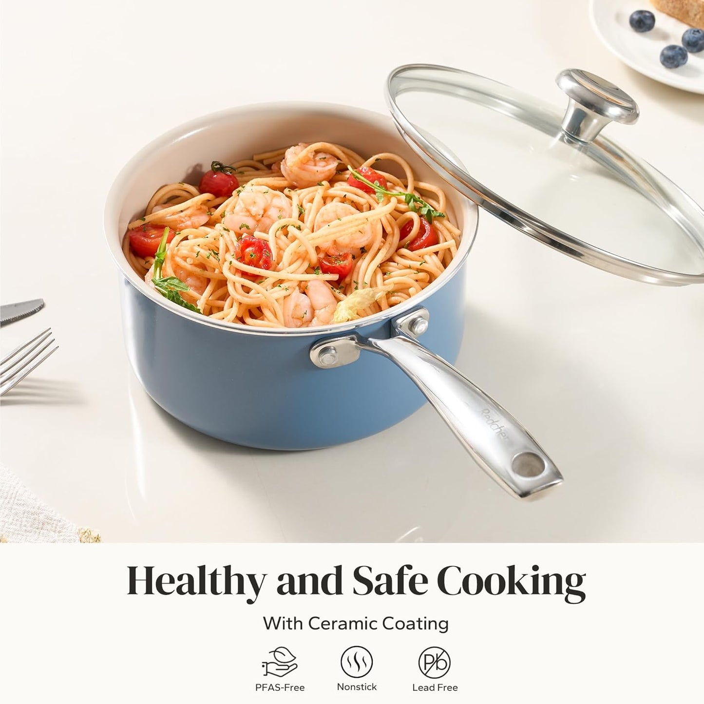 Redchef Nonstick Ceramic Sauce Pan with Lid, 2.5QT Small Cooking Pot with Stay-Cool Handle, Kitchen Non Toxic Soup Pot, PTFE & PFOA Free, Oven & Dishwasher Safe, Compatible with All Stovetops-Blue