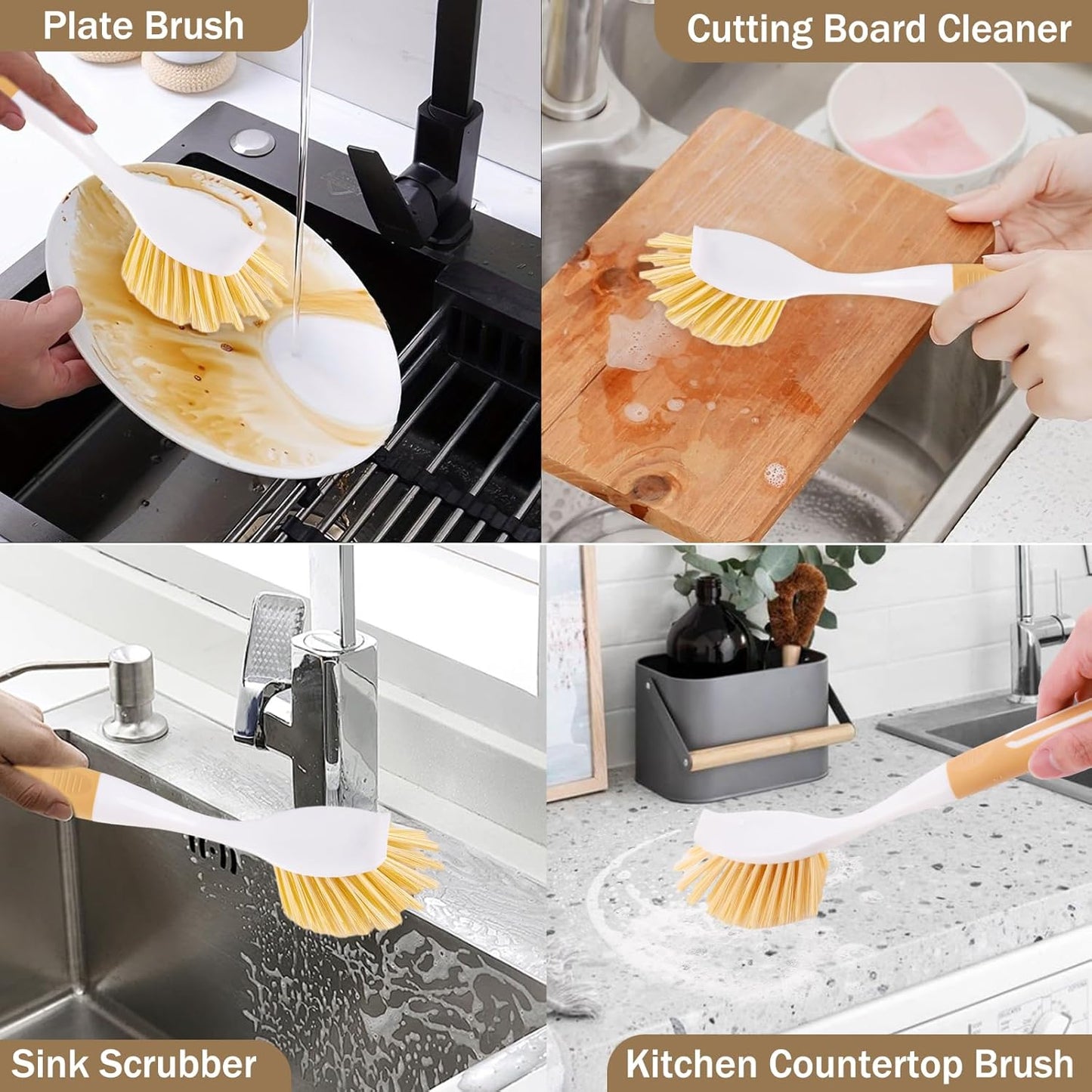 Dish Brush with Detachable Small Steel Wire Brush and Pan Scraper, Home Kitchen Scrub Brushes with Long Handle for Household Cleaning Dishes, Pots, Stovetop, Grill, Sink Scrubber (2-Pack)