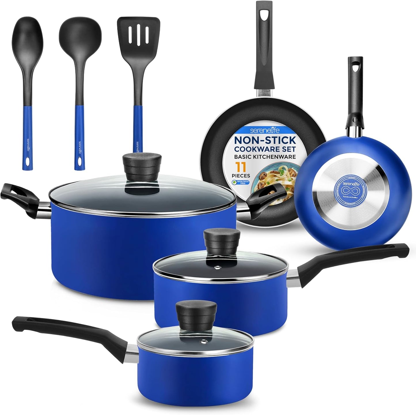 SereneLife Kitchenware Pots & Pans Basic Kitchen Cookware, Black Non-Stick Coating Inside, Heat Resistang Lacquer (11 Piece set), One Size, Blue