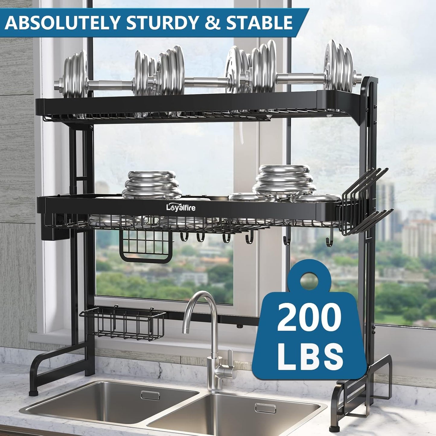 Over Sink Dish Drying Rack, 3 Tier Adjustable Length (20.87'' to 37.6'') Full Stainless Steel Large Storage Kitchen Dish Rack, Expandable Drainer Shelf Rack with Multifunctional Organizers