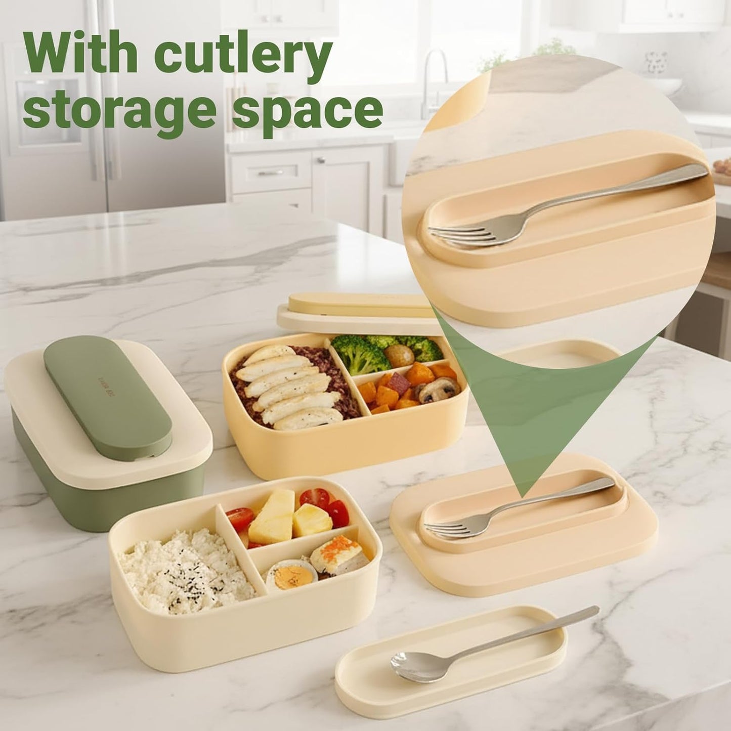 Silicone Bento Box Lunch Box for Adults, Lunch Food Container with 3 Compartment, BPA-Free and Leakproof, Microwave & Dishwasher Safe (Green)