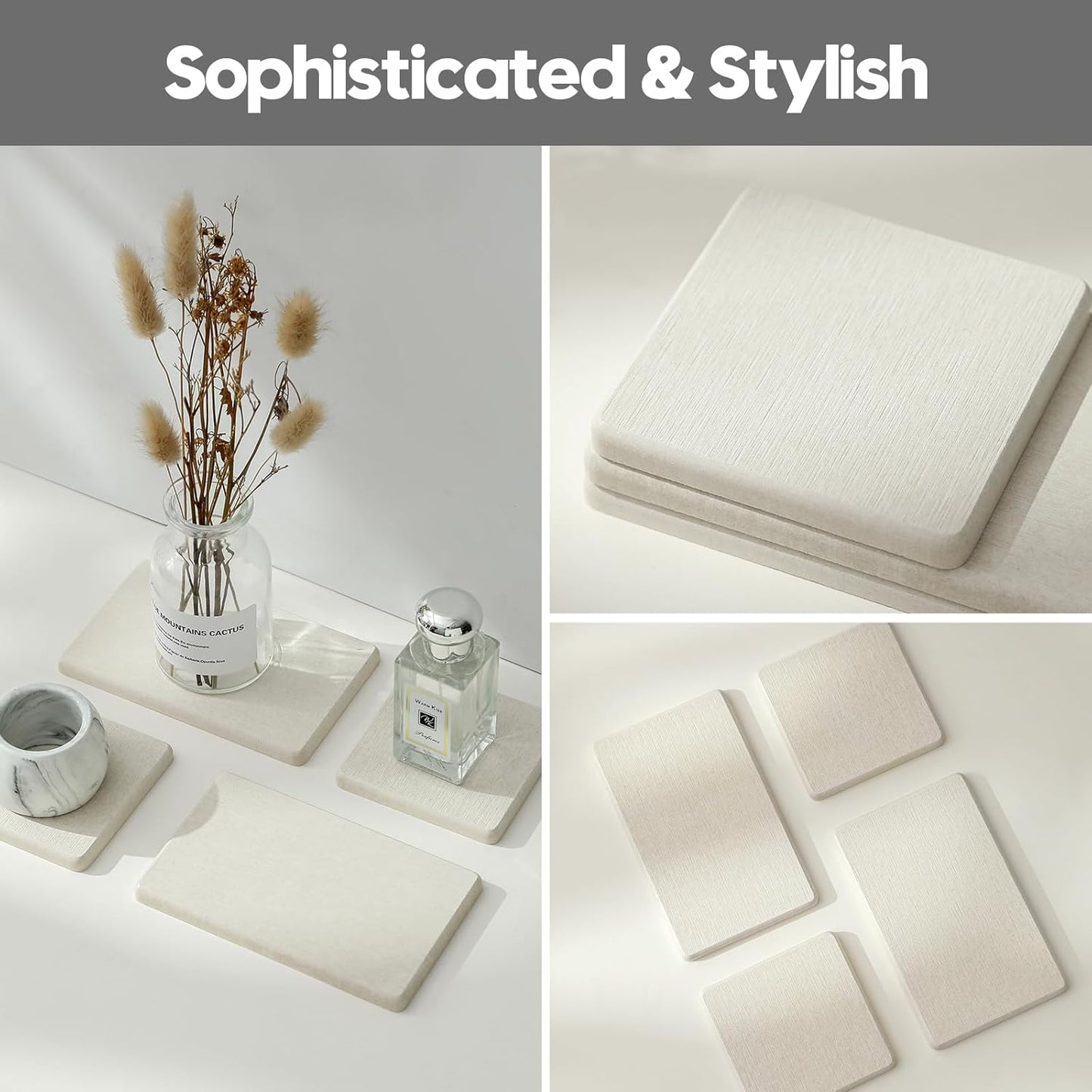 4PCS Bathroom Sink Vanity Trays, Diatomaceous Earth Quick Stone Drying Mat Kitchen Counter Dish Soap Dispenser Sponge Holder, Water Absorbing Caddy Organizer for Bottle & Cup, Beige