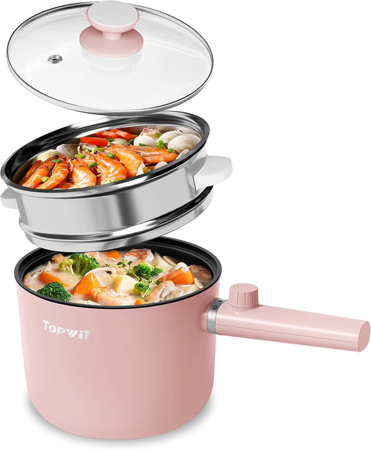Topwit Hot Pot Electric with Steamer, 1.5L Ramen Cooker, Non-Stick Frying Pan, Electric Pot for Pasta, BPA Free, Electric Cooker with Dual Power Control, Over-Heating & Boil Dry Protection, Pink