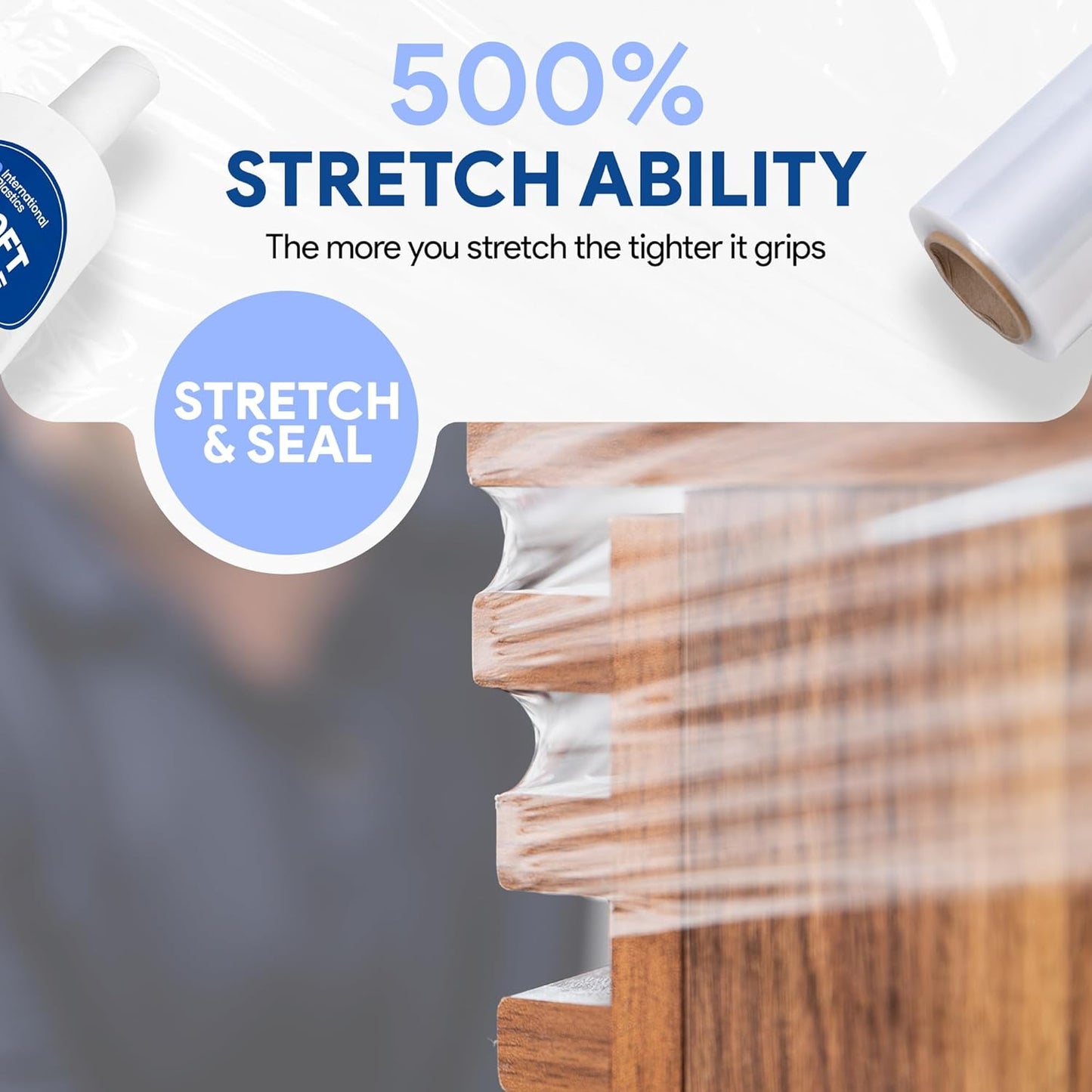 International Plastics Co. 18" Plastic Stretch Film/Wrap 1200ft 500% Stretch Clear Cling Durable Adhering Packing Moving Packaging Heavy Duty Shrink (5" Products, 8 Pack)
