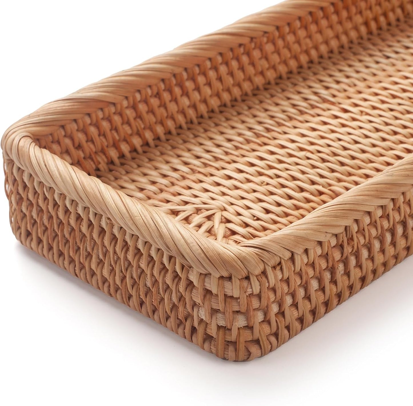 Rattan Bathroom Vanity Trays Toilet Tank Baskets Long Narrow Hand Towel Storage Basket for Storage, Decorative (Natural 16.3 x 6.1 x 2 inch)