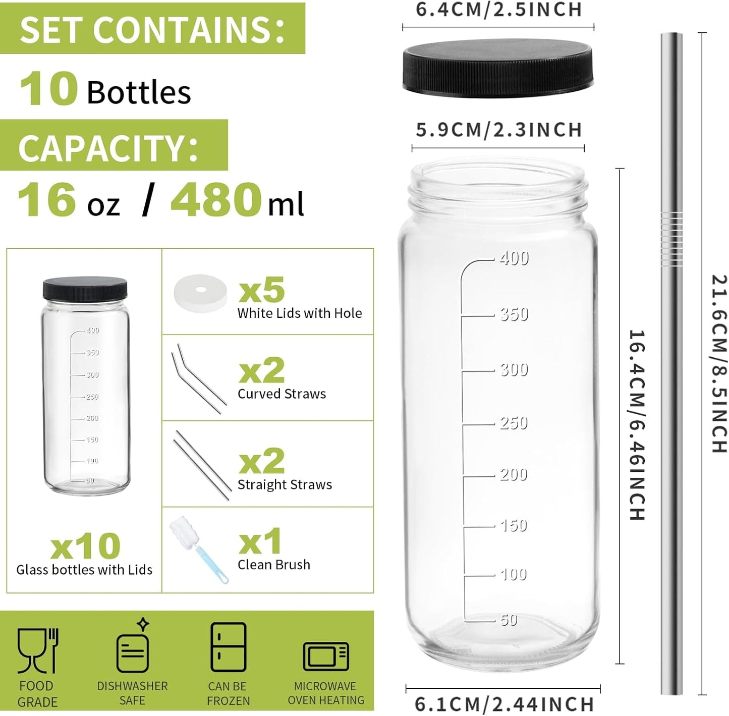 Ruckae 16oz 10 Pack Juice Bottles, Glass Bottles with Lids, Smoothie Cup Lids and Straws, Water Bottle Mason Jar Drinking Glasses for Juicing, Smoothies, Kombucha