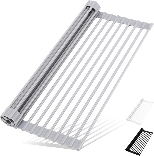 Roll Up Dish Drying Rack Over The Sink Kitchen Roll Up Sink Drying Rack Multipurpose Foldable Sink Drying Mat, Heat-Resistant, Anti-Slip & Anti-Rust Dish Rack for Kitchen, 20.5" x 13", Grey