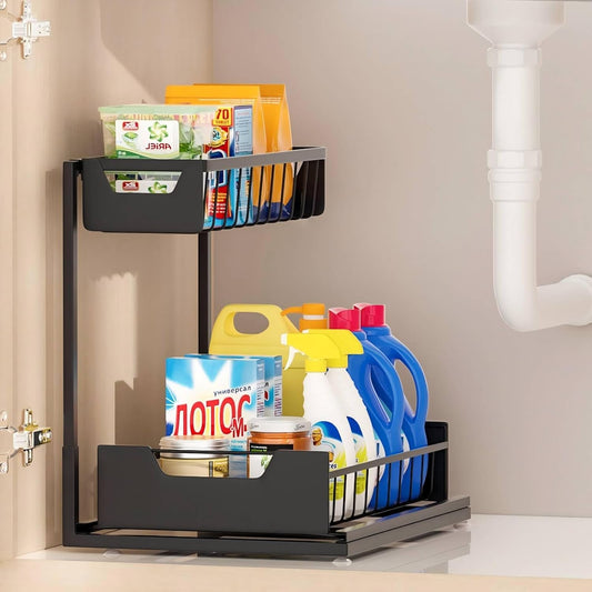 Under Kitchen Sink Organizers and Storage Pull Out 2 Tier Metal Bathroom Cabinet Organizer (Black, 1 Pack)