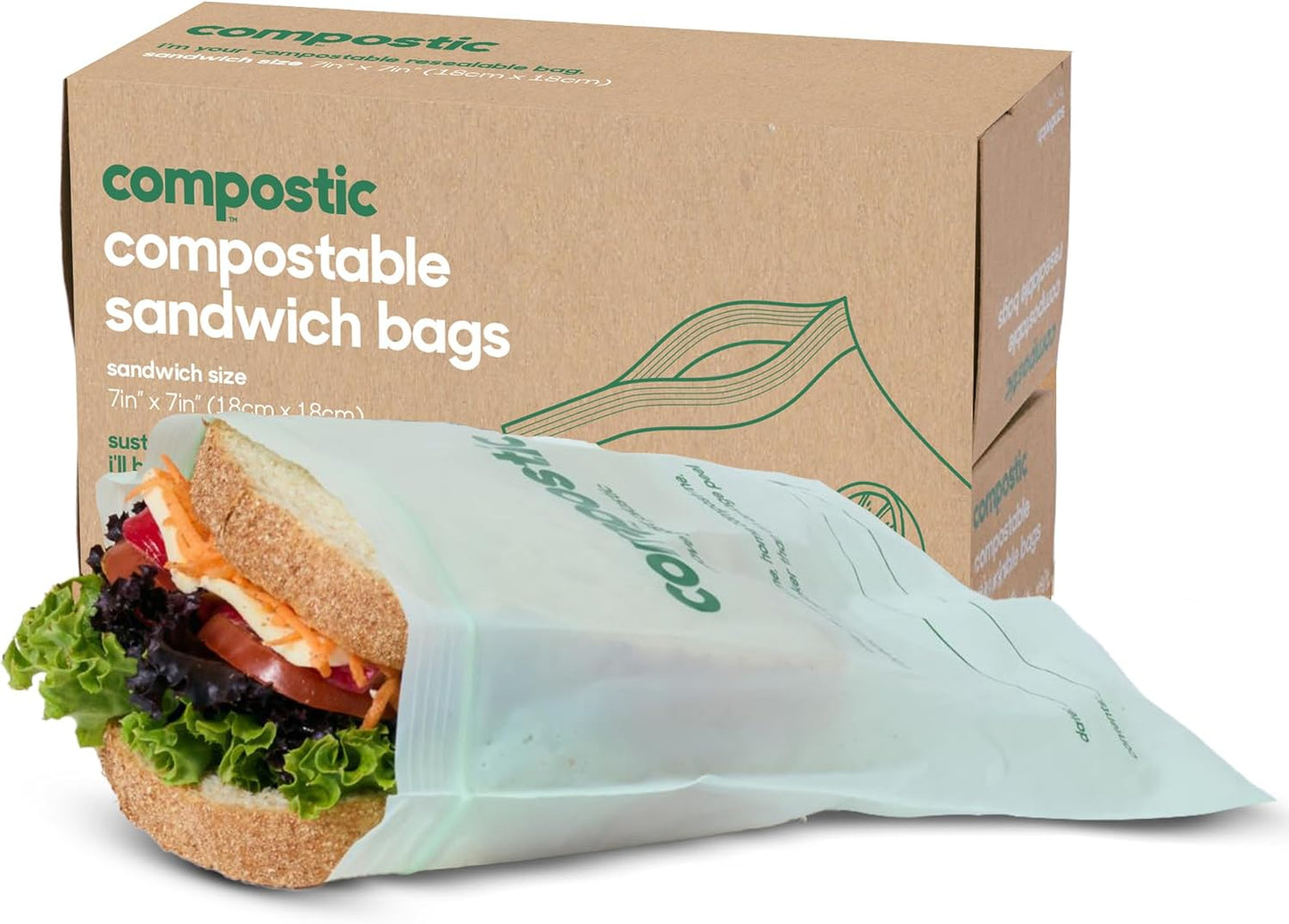 Compostic Home Compostable Resealable Sandwich Bags (7"x7"), Microwave & Freezer Safe, Organic Food Storage Container, 100 Count (Pack of 1)