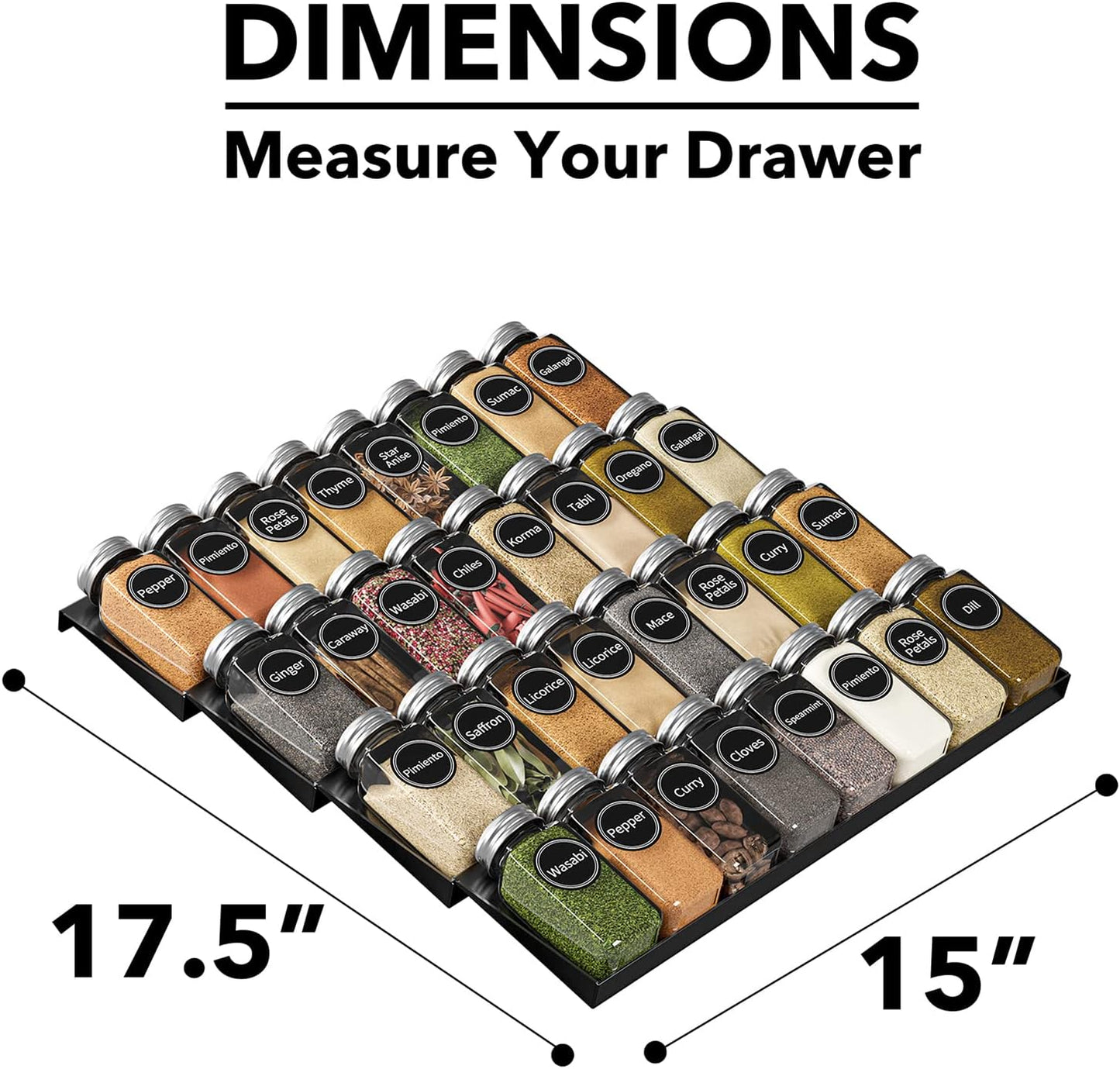 SpaceAid Spice Drawer Organizer with 32 Spice Jars, 386 Spice Labels, 4 Tier Seasoning Rack Tray Insert for Kitchen Drawers, 15" Wide x 17.5" Deep