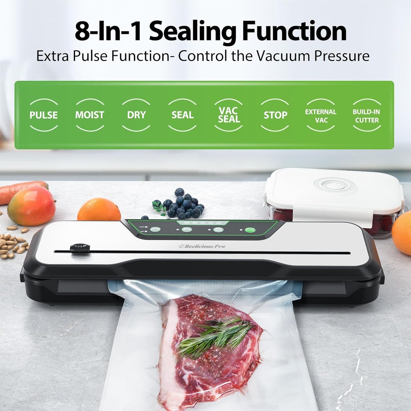 Automatic Food Vacuum Sealer Machine | Beelicious Pro 80KPa 8-In-1 Food Vacuum Saver with Starter Kits | 15 Bags, Pulse Function, Moist&Dry Mode and External VAC for Containers, Stainless Steel
