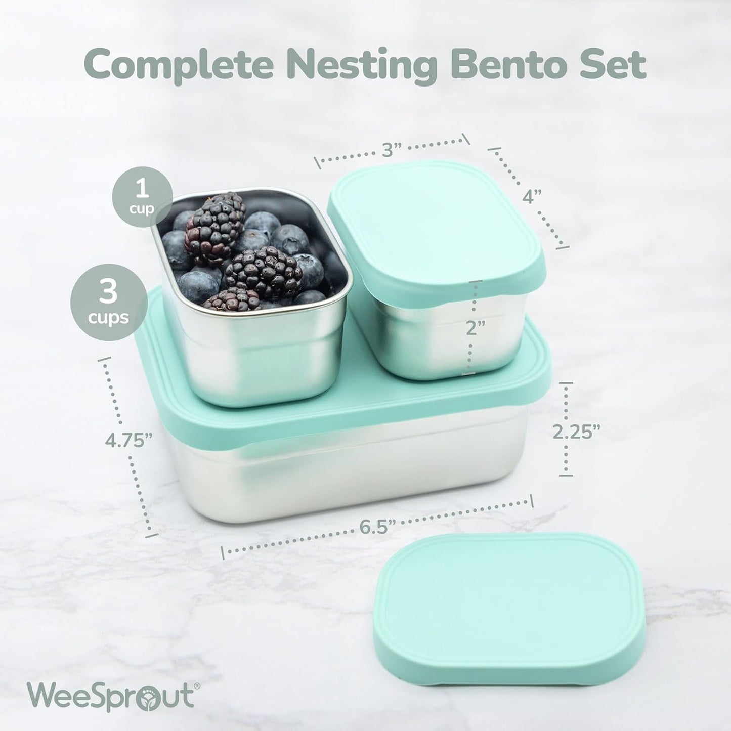 WeeSprout Stainless Steel Lunch Box Set - 750mL & 230mL Food Storage Nested Bento Boxes with Food Grade Silicone Lid - Leak Proof - Freezer Safe (Matte Green)