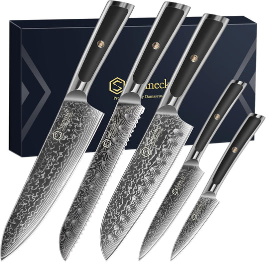 Sunnecko Damascus Kitchen Knife Set 5 Piece Chef Knife Set Professional, Sharp Kitchen Knives Set Full Tang, Gift Box