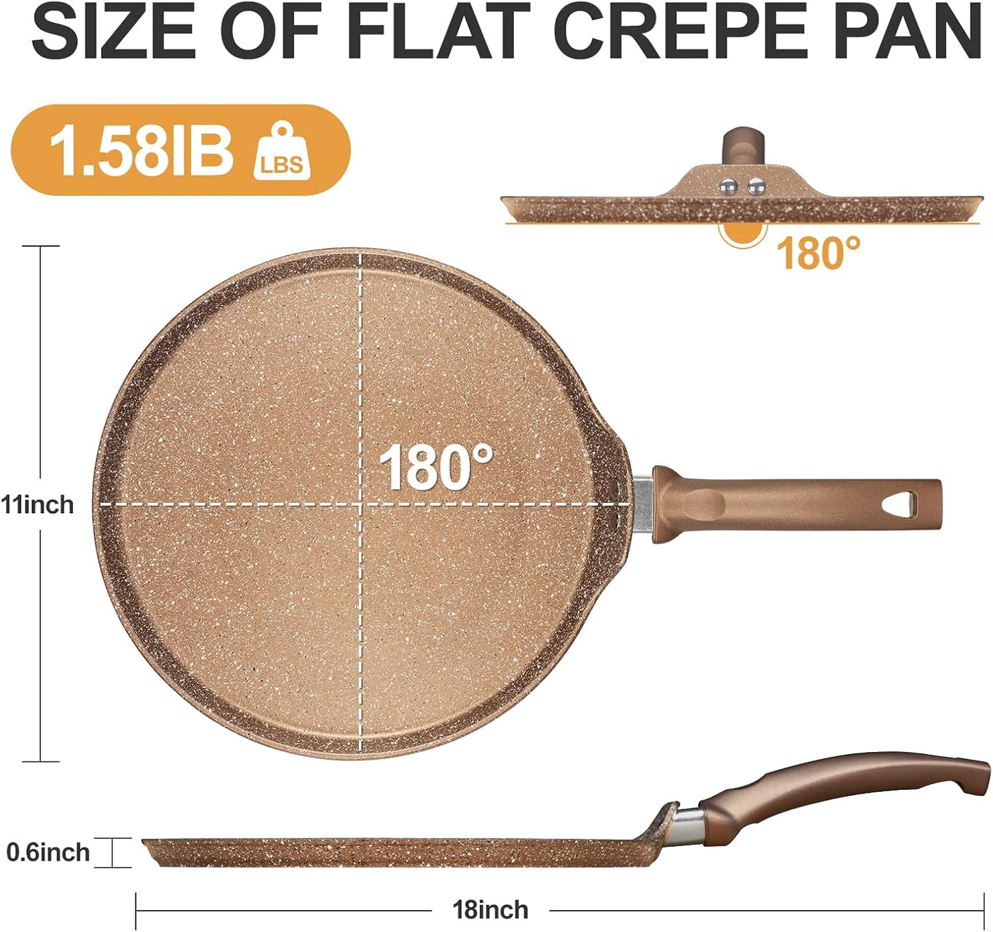 11 inch Nonstick Crepe Pan, Granite Coating Flat Skillet Dosa Tawa Tortilla Pan, Large Pancake Griddle Comal Pan, Compatible with All Stovetops, PFOA Free
