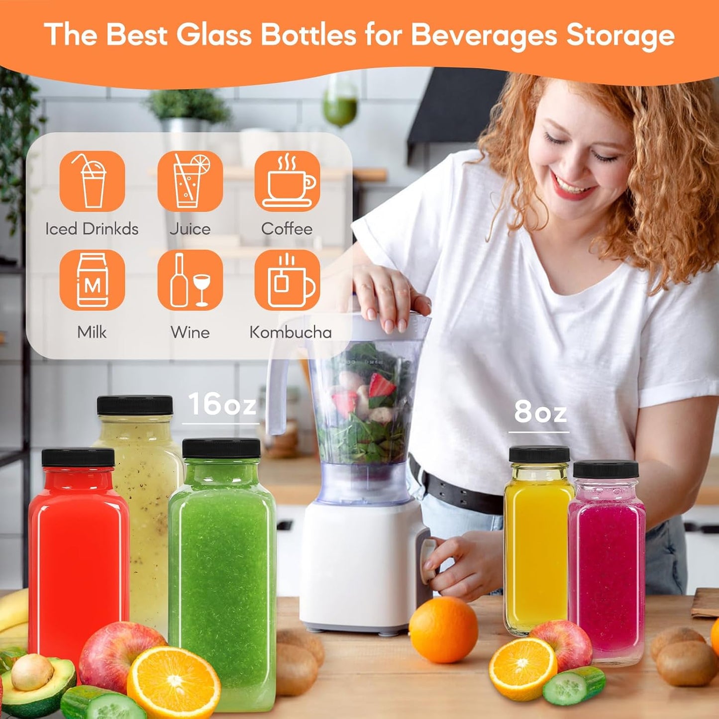 STARSIDE 8 oz 3 Pack Glass Juice Bottles with Lids - Square Reusable Drinking Jars for Juicing, Milk, Kombucha - Includes 1 Bottle Brush, 6 Colored Labels