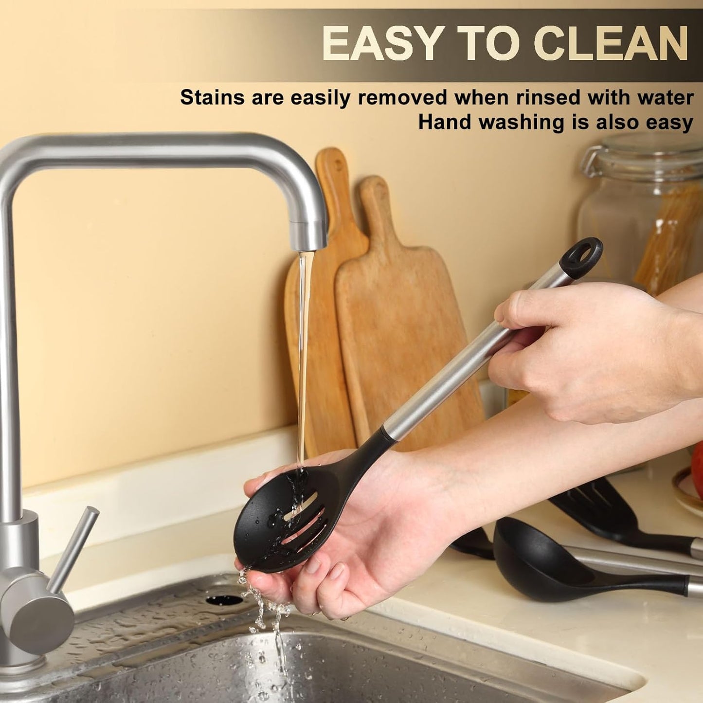 Pleafind 4-Pcs Silicone Cooking Utensils Set, Wok Utensils Set Include Wok Ladle, Slotted Spoon, Solid Spatula and Slotted Spatula, Silicone and Stainless Steel Kitchen Utensils, Dishwasher Safe