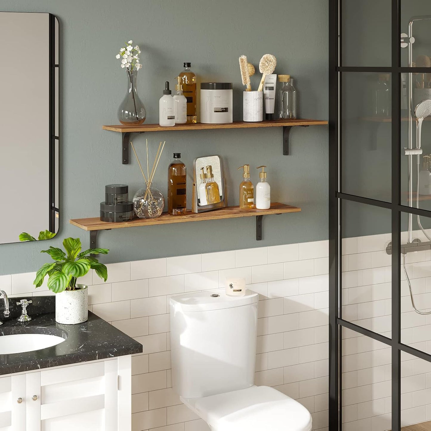 DINZI LVJ Long Wall Shelves, 39.4Inch Wall Mounted Shelves Set of 4, Extra Large Floating Storage Ledges with Sturdy Metal Brackets for Living Room, Bathroom, Bedroom, Kitchen, Rustic Brown