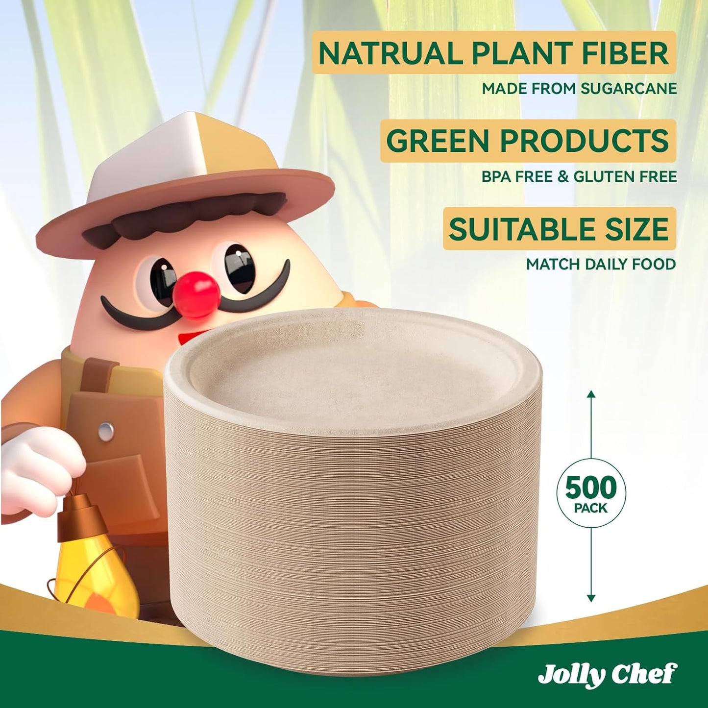 JOLLY CHEF Compostable Heavy Duty Plates 𝟭𝟬 𝗜𝗻𝗰𝗵 [𝟱𝟬𝟬 𝗣𝗮𝗰𝗸] Eco-Friendly Disposable Paper Plates Made of Bagasse Biodegradable Bulk for Party Dinner Sugarcane Fibers Round (Natural)