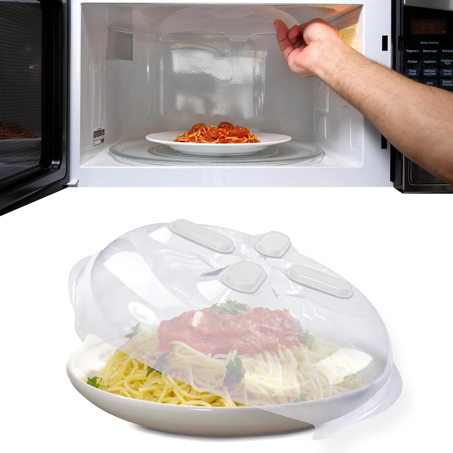 Magnetic Splatter Cover, 12-Inch Clear BPA-Free Food Lid, Vented Plate Guard with Steam Vents, Anti-Splash Microwave Lid, Dishwasher Safe, Space-Saving Magnetic Storage - Ivory