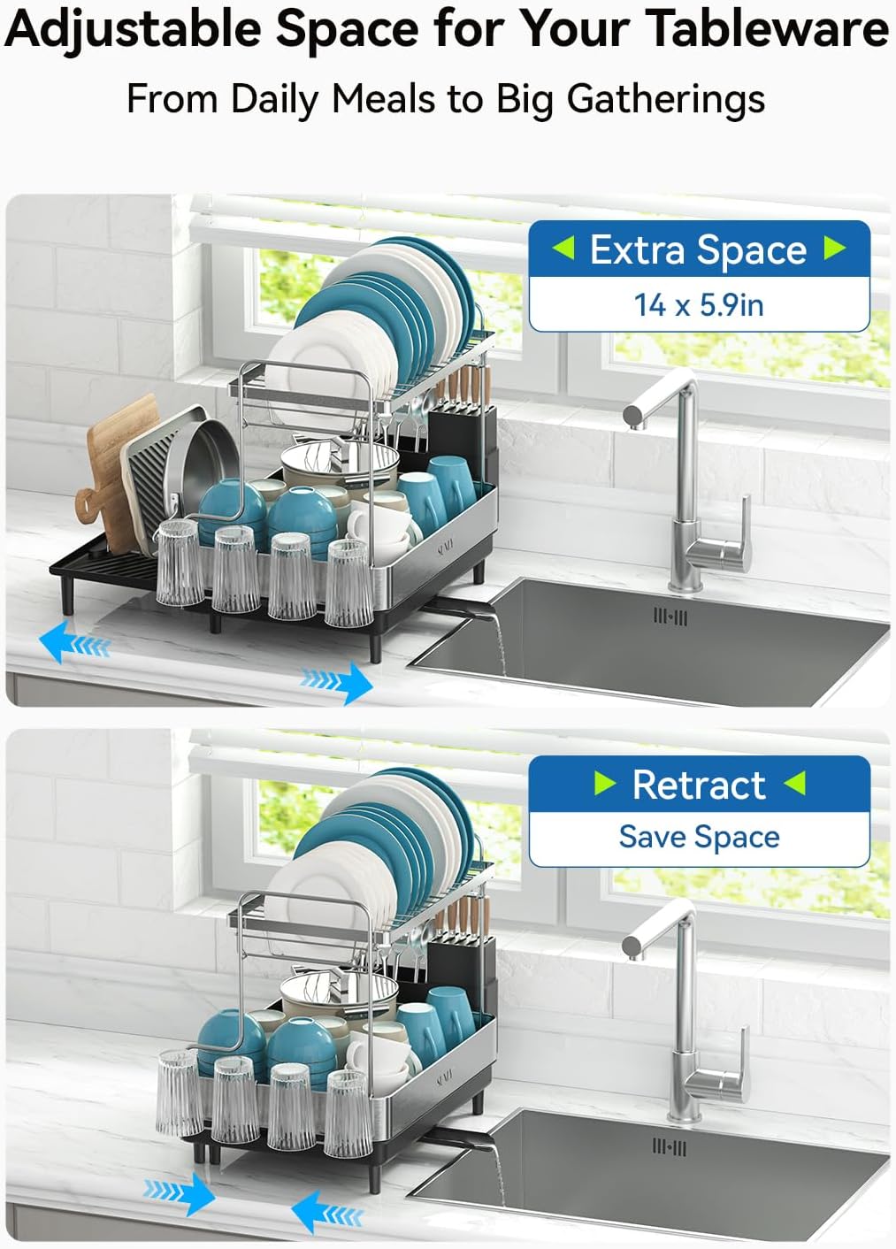 SUNLY 2 Tier Dish Drying Rack, Extra Large Dish Rack, Expandable Dish Racks for Kitchen Counter, Multifunctional Large Dish Drainers for Kitchen Counter, Black