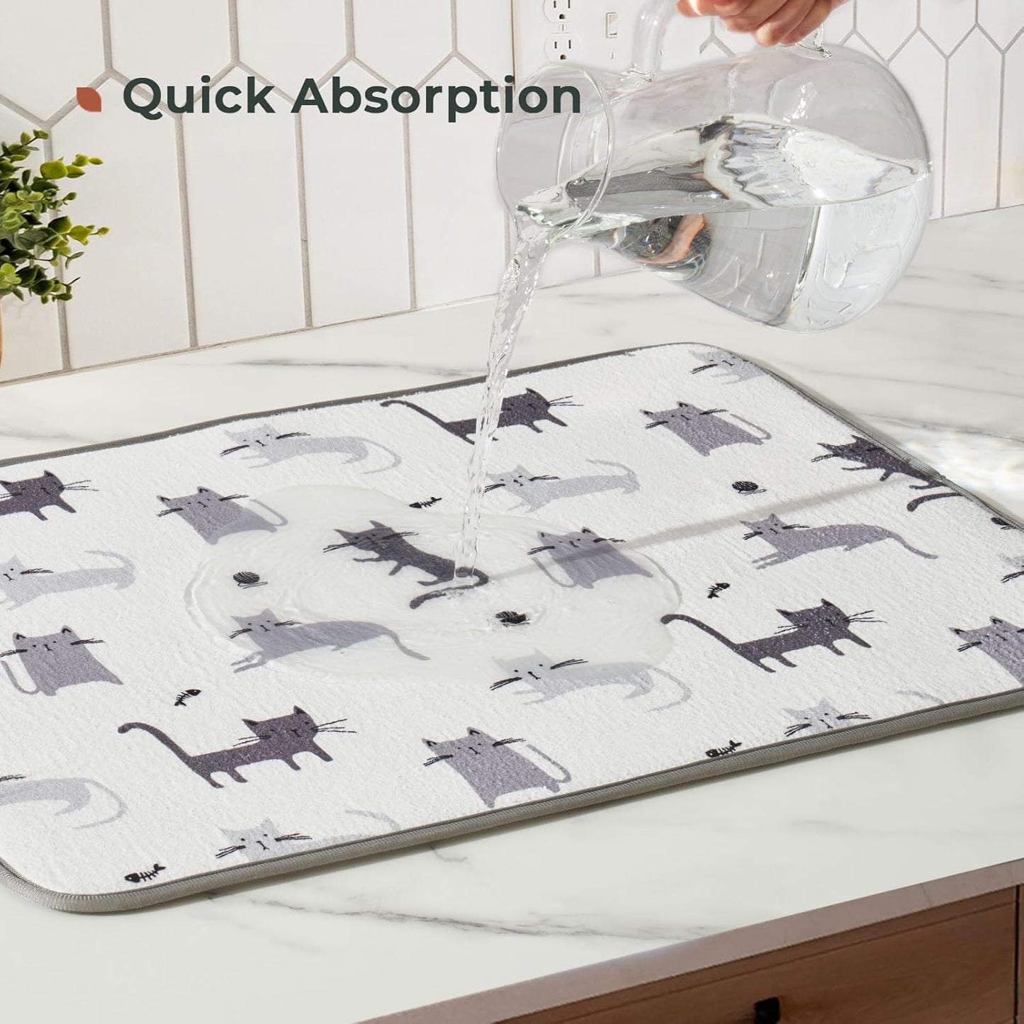 FRESHMINT Printed Dish Drying Mats for Kitchen Counter 2 Pack Absorbent Reversible Drying Mats Microfiber Kitchen Countertop Protector Dishes Drying Pad Extra Large 18"x24" Dish Mat