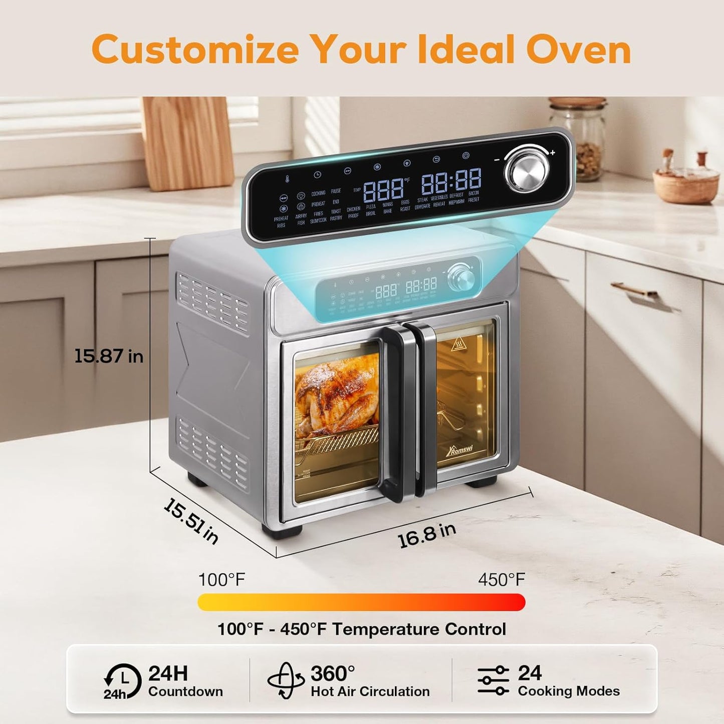 Romswi 26QT French Door Air Fryer Toaster Oven Combo, 24 Cooking Functions and Digital Controls, Fits 12" Pizza, 6 Slices of Toast, Rotisserie 6lb Chicken, 6 Accessories Included