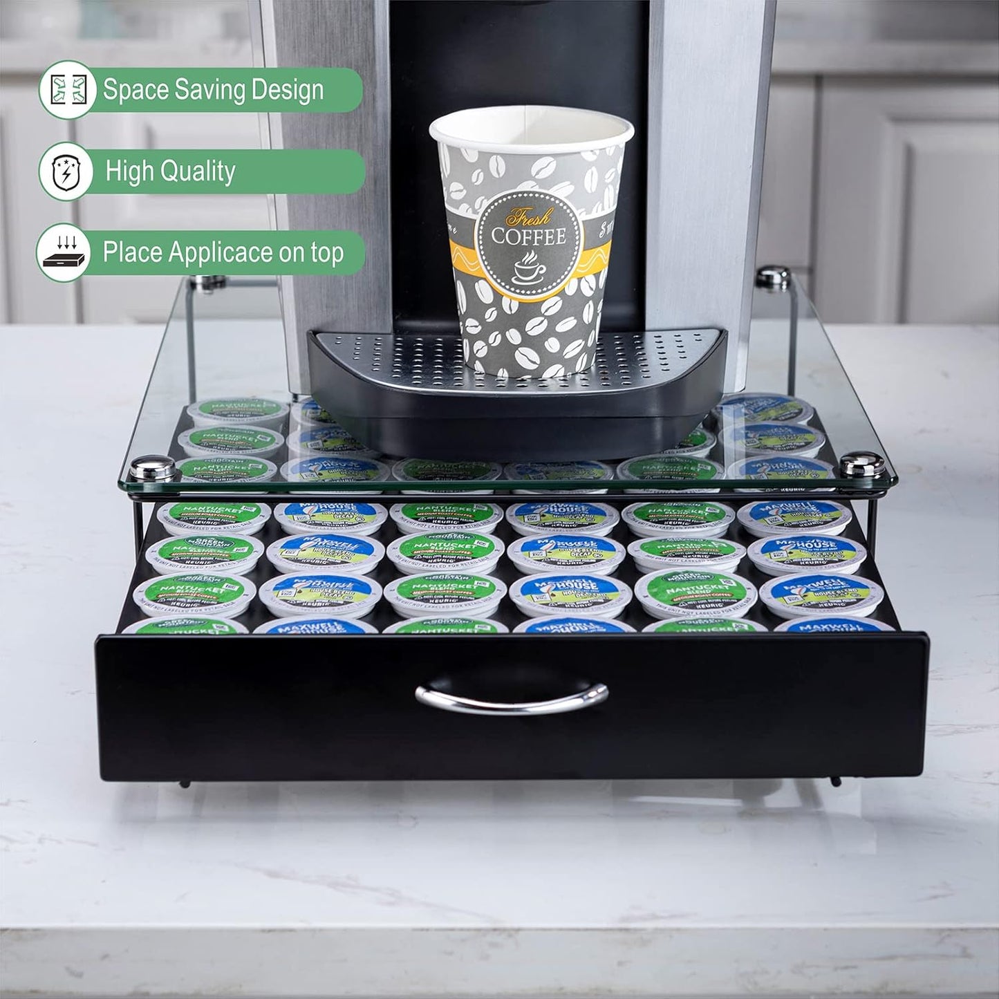 Rice rat Coffee Pod Holder for Keurig Pods Glass Top Drawer,K cup Holder Capsule Display Storage compatibility 42 k-cup(Black)