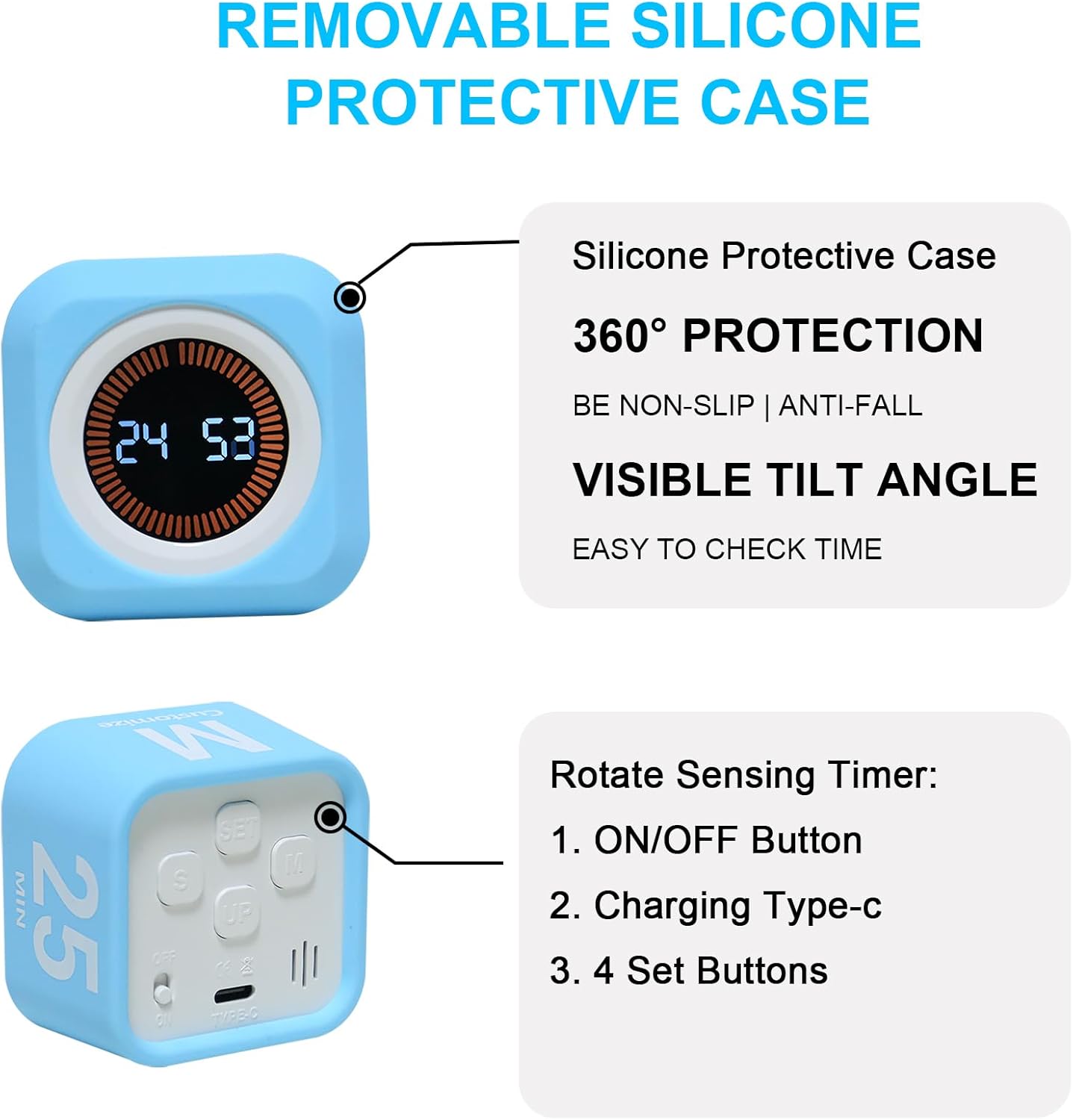 FCXJTU Rotating Pomodoro Cube Visual Timer 5, 25, 10 50 Minutes Preset, Rechargeable Desk Productivity Flip Timer w/Silicone Cover Custom Countdown, Silent Mode for ADHD, Study, Work, School(Blue)