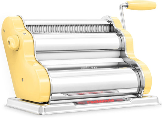 PASTALINDA Classic 260 Pasta Maker Machine, 26 cm Wide Rollers, 9 Thickness Positions, 2 Cutting Positions, Stainless Steel. Includes Reinforced Hand Crank And Two Clamps (Yellow)