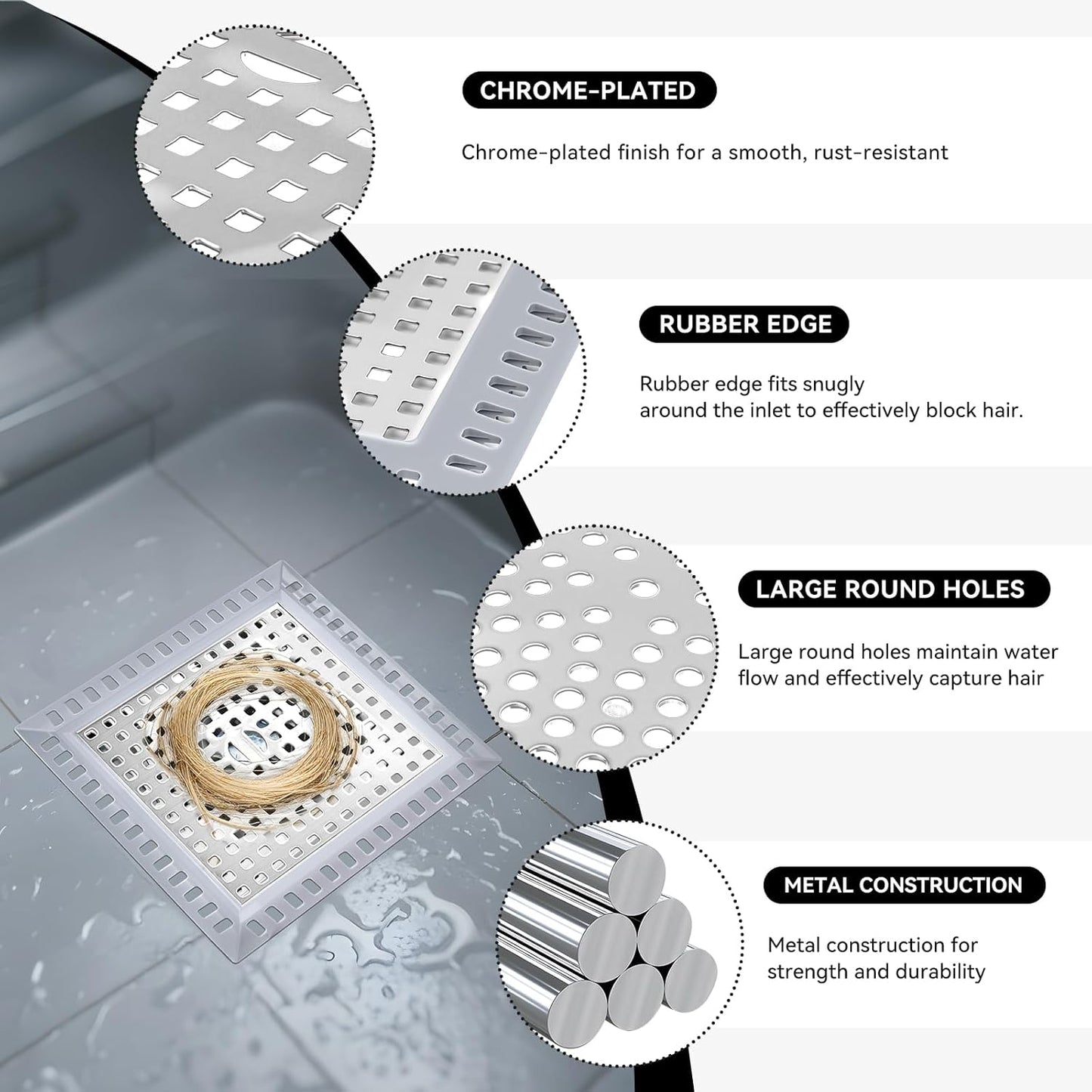 Makerfire 2PCS Shower Drain Hair Catcher, 4.72'', Flat Shower Drain Cover/Filter, Bathroom/Kitchen Sink Drain Strainer, Stainless Steel and Silicone