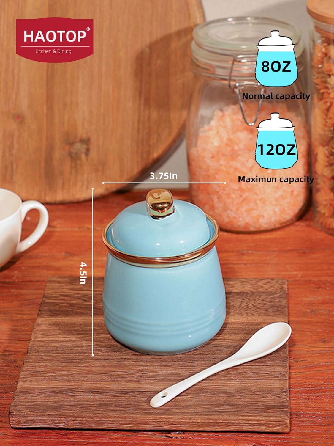 HAOTOP 12oz Sugar Bowl with Lid and Spoon,Simple Ceramic Sugar Jar Sugar Container Sugar Dispenser Coffee Bar Accessories, Modern Kitchen Countertop Canisters, Turquoise