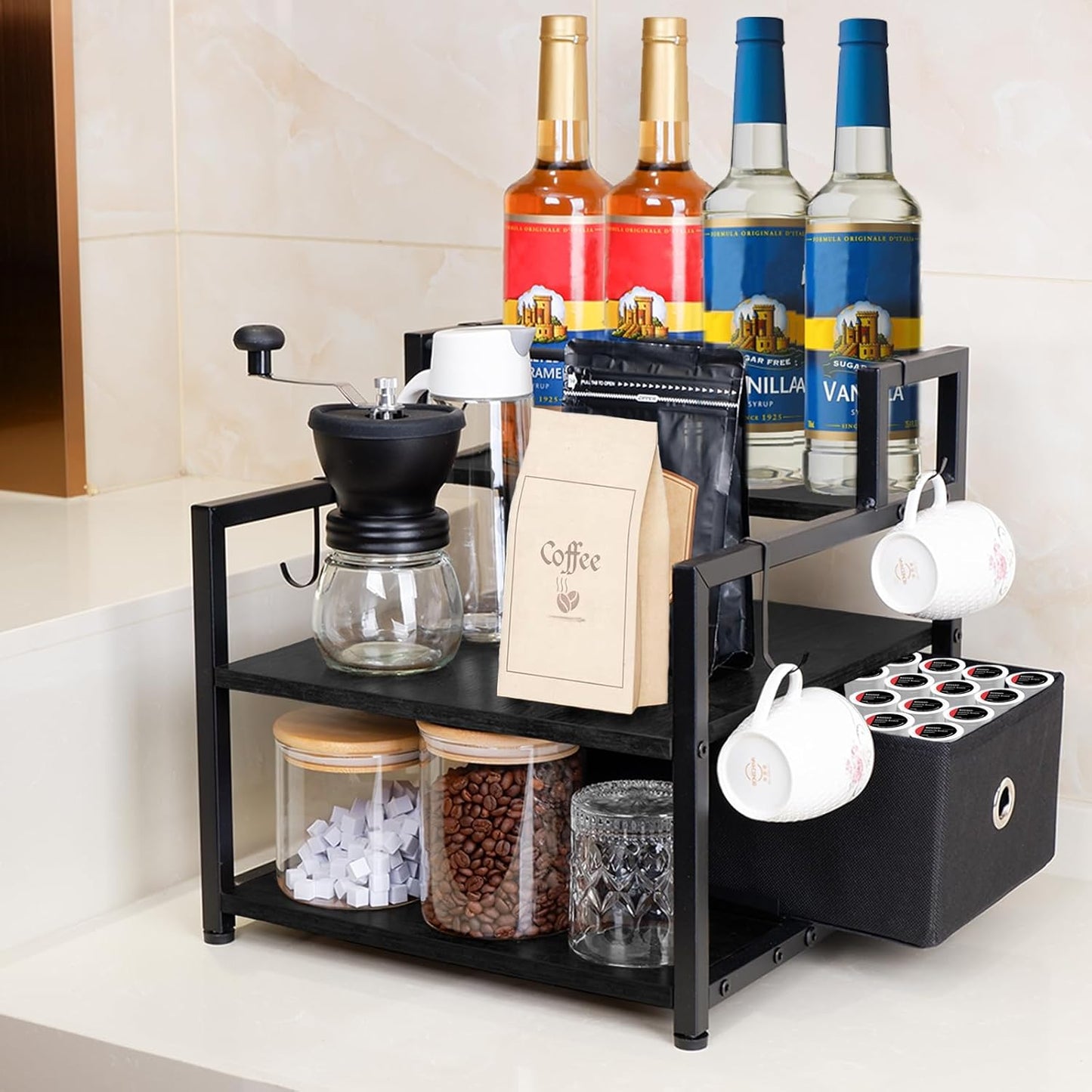 3-Tier Coffee Syrup Organizer (12 Bottles Capacity), Stepped Design Syrup Rack with Fabric Drawer, Liquor Bottle Display Shelf, Bottle Holder for Liquor, Coffee, Spice, Syrup