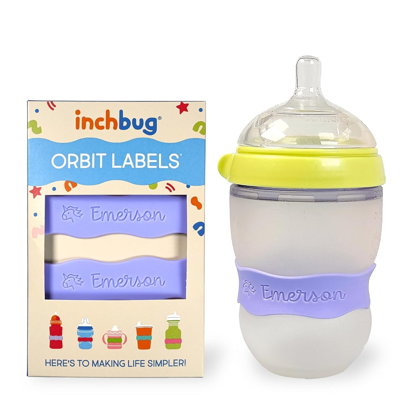 InchBug Orbit Labels - Baby Bottle Name Labels for Daycare, Sippy Cup Bands - Engraved Silicone, Reusable, Dishwasher Safe, Matching Color Personalization, 4-Pack (Lavender Gelato)