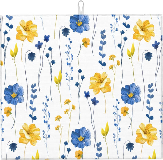 Navy Blue Yellow Flower Dish Drying Mat for Kitchen Counter Watercolor Floral Decorative Dish Drainer Rack Mats 16"x18" Absorbent Reversible Drying Pad