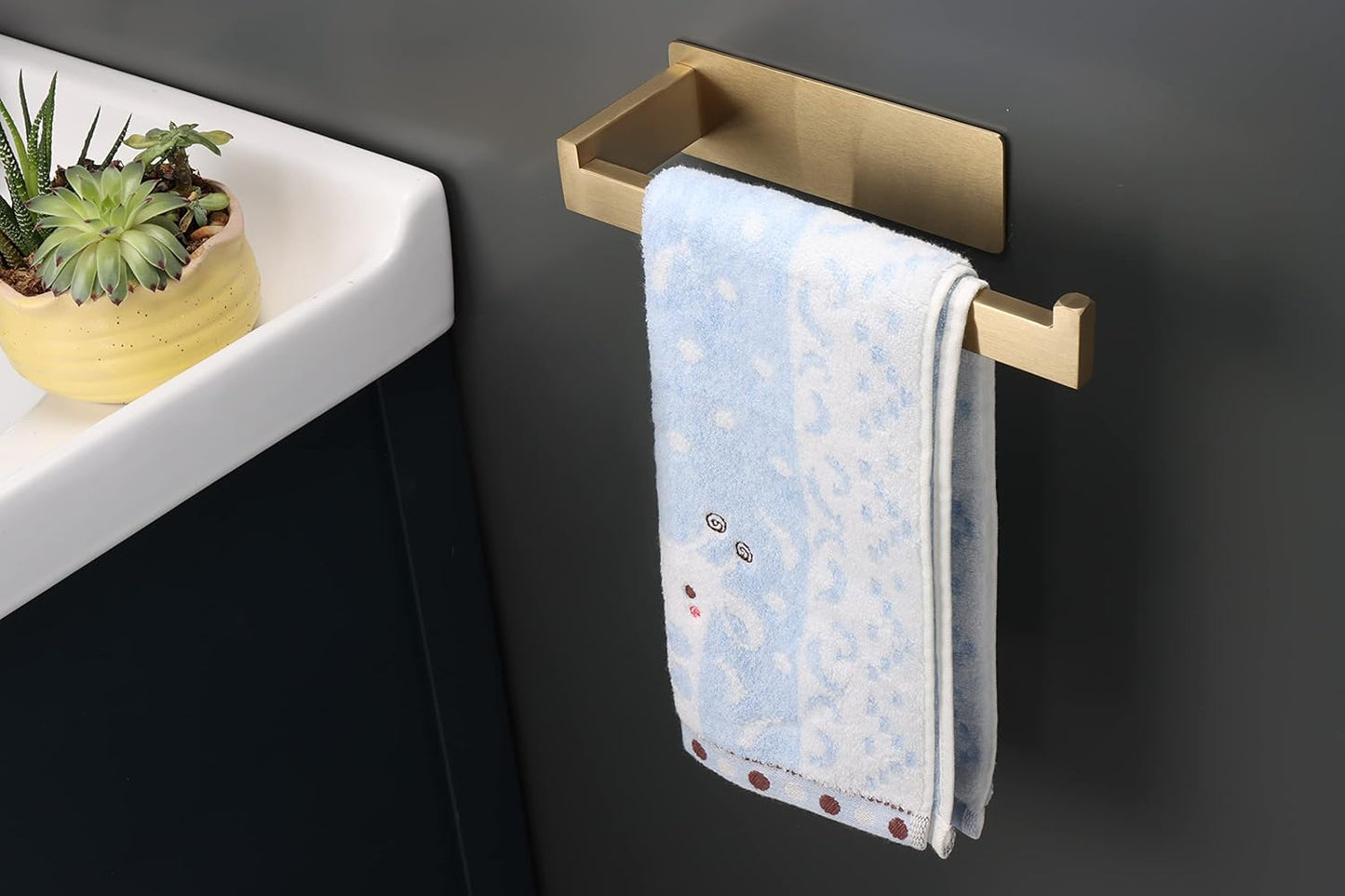 Hand Towel Holder, Strong Self Adhesive Hand Towel Ring, Thicken SUS304 Stainless Steel Hand Towel Bar/Rack, No Drilling Modern Hand Towel Hanger (Brushed Gold, 9 in)