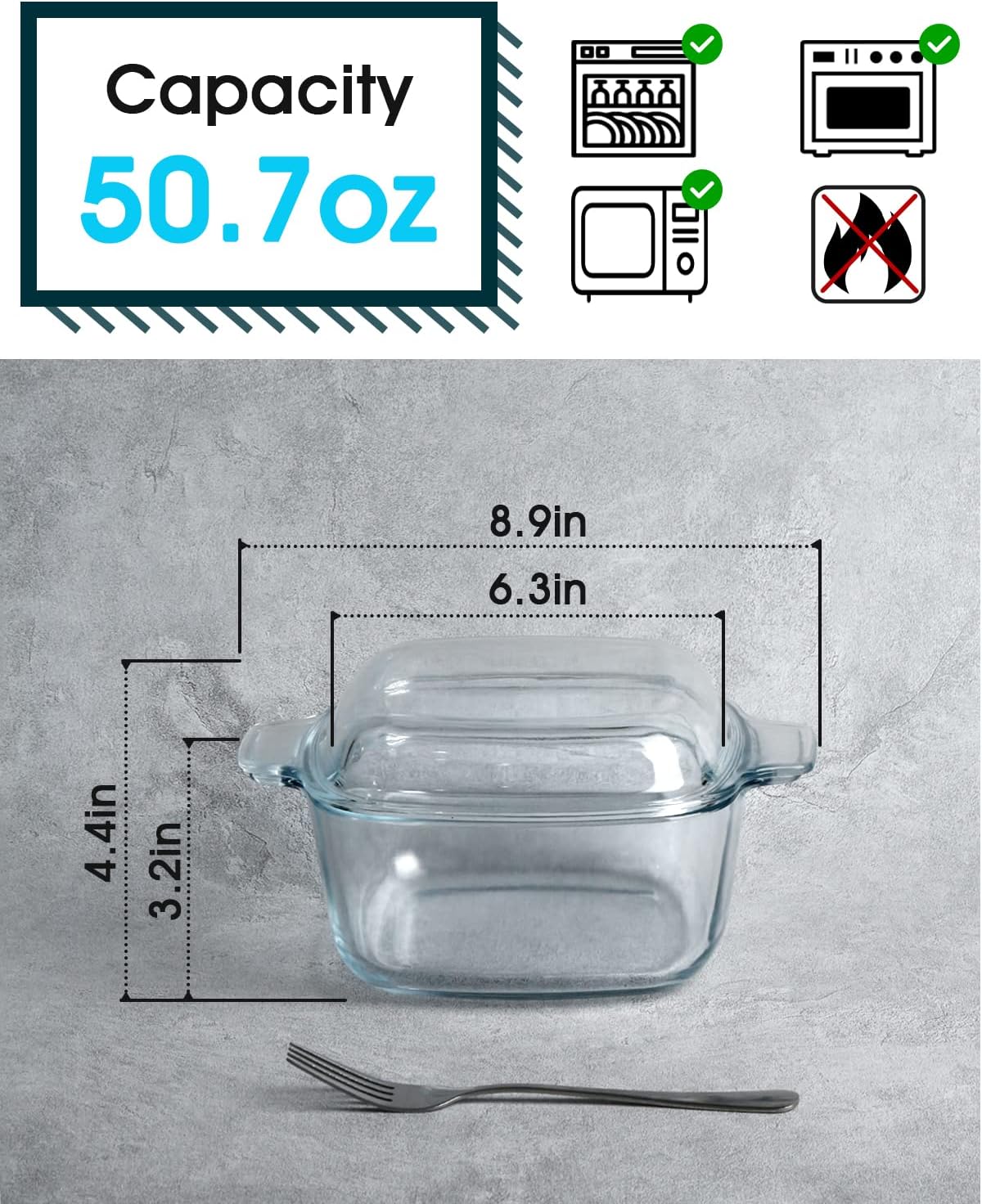NUTRIUPS 1.5L Glass Casserole Dish with Lid Square Casserole Dish Glass Oven Bakeware Microwave Safe Dish with Lid