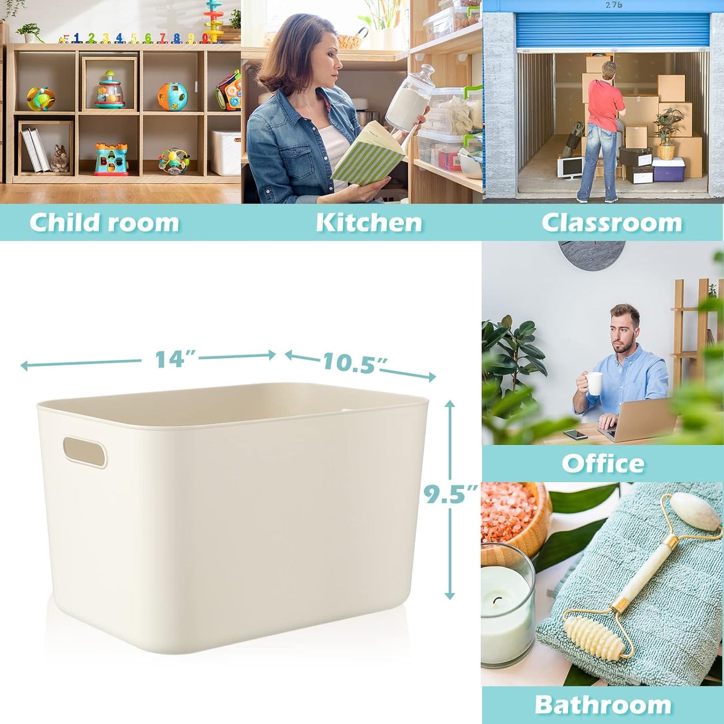 Zopeal Plastic Storage Bins 10 Pcs White Pantry Organizer Bins Small Baskets Storage Containers for Home Kitchen (14 x 10.5 x 9.5 Inch)