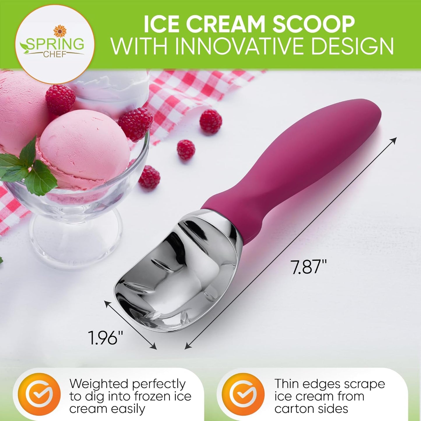 Spring Chef Heavy Duty Metal Ice Cream Scoop with Non-Slip Handle, Premium Ice Cream Spade for Frozen Yogurt, Gelato, Sorbet, Sundae, Melon, Cookie Dough - Dishwasher Safe Kitchen Tool - Magenta