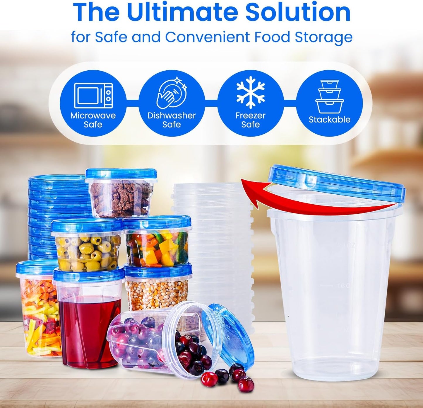 RFAQK 48 pcs Freezer Storage Containers with Lids-(32 & 16OZ) 24 Food Storage Containers with 24 Twist Top-Deli Container for Soup-Reusable Plastic Box for Lunch, Gym, Travel