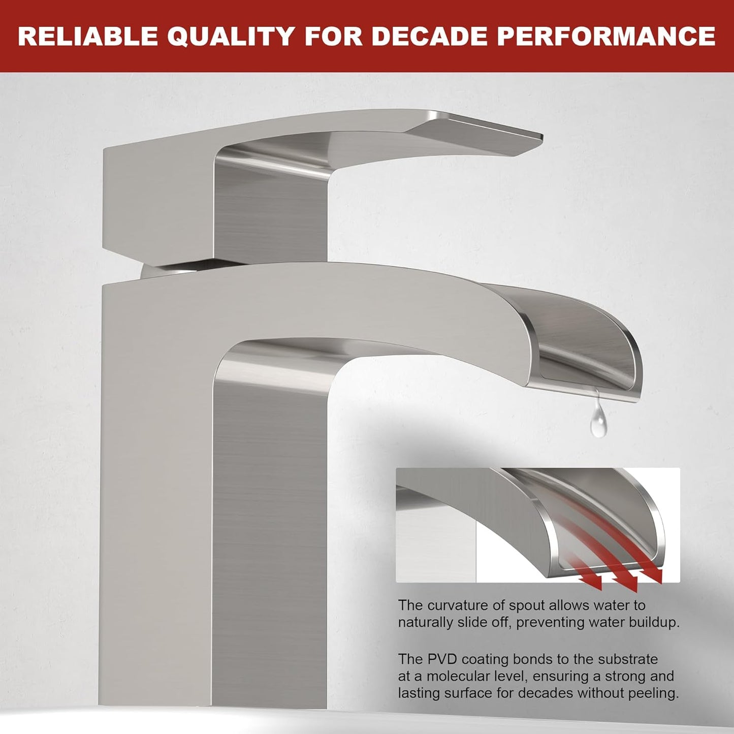 Brushed Nickel Bathroom Faucet Waterfall, Vanity Faucet Brass for Sink 1 Hole Single Handle Modern Mixer Tap with Pop-up Drain Stopper for Lavatory Farmhouse RV