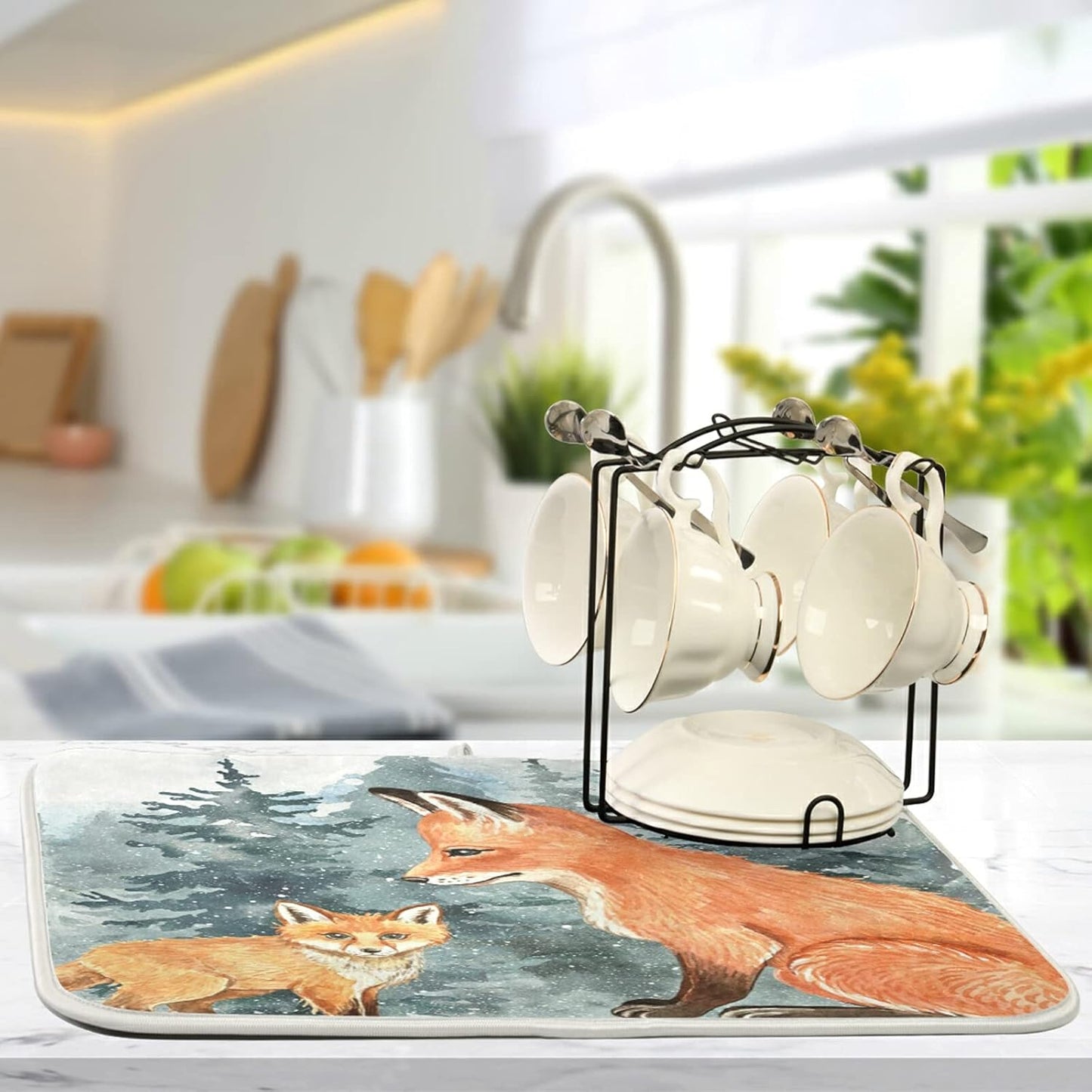 Super Absorbent Dish Drying Mat, Microfiber Fast-Drying Dish Mat, 16" x 18", Kitchen Dish Drying Pad, Watercolor Cute Fox Winter Christmas