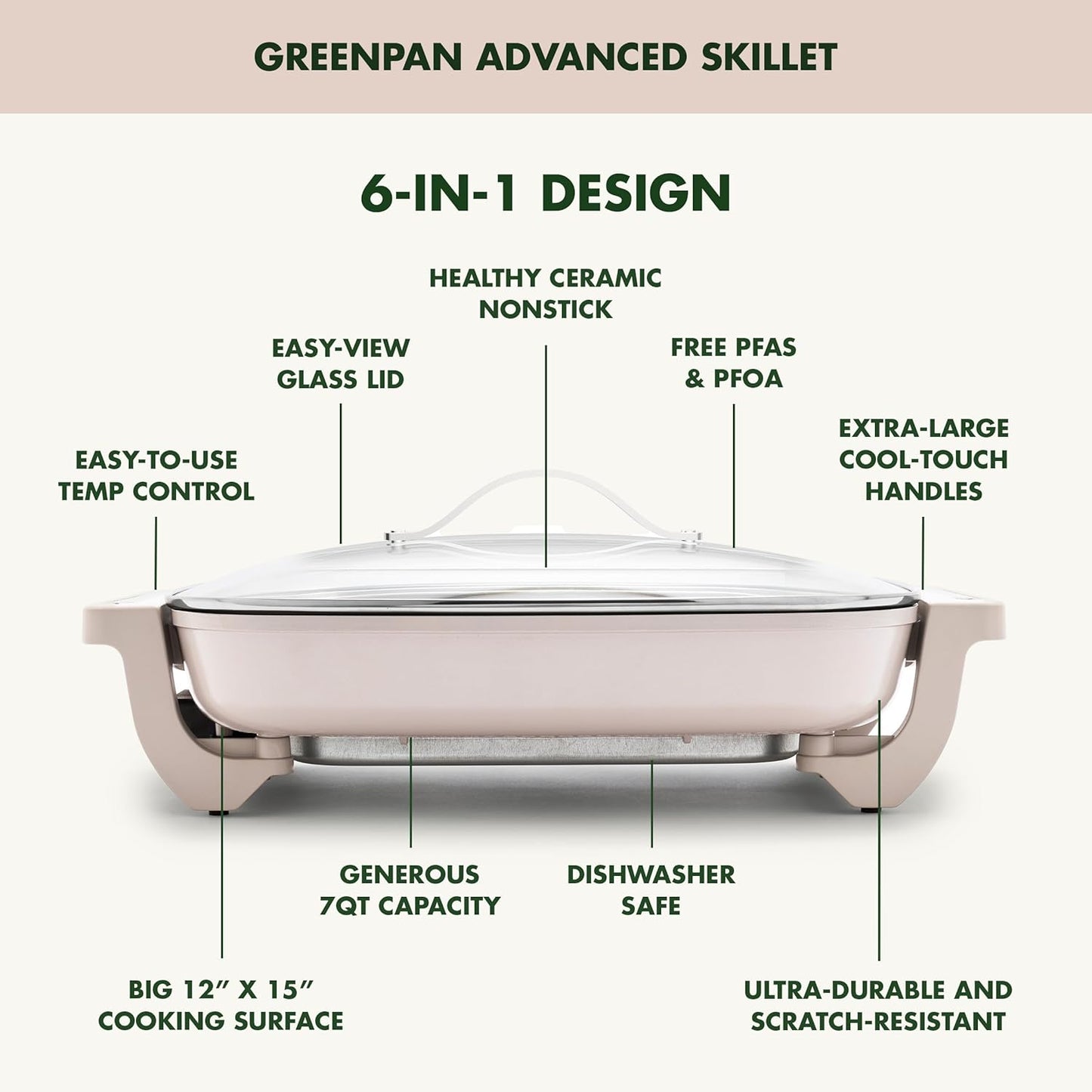 GreenPan Advanced 12” X 15” Electric Skillet with Lid, 7QT Capacity for Family Meals, Healthy Ceramic Nonstick PFAS-Free Coating, Fry, Sauté, Steam, Simmer, Sear, Stir Fry, Dishwasher Safe, Clay