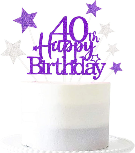Glittery 40th Happy Birthday Cake Topper with Star,Personalised 40 Birthday Cake Toppers Party Decorations Party Supplies for Men Women Purple Silver