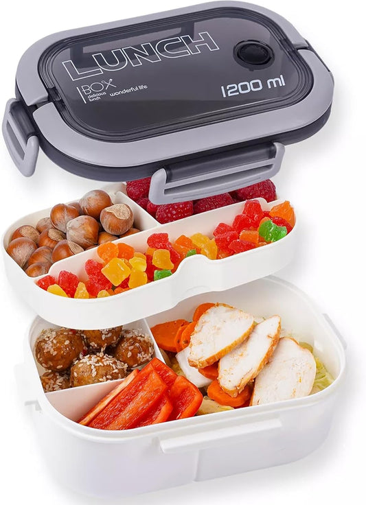 Bento Box Adult, Lunch Box for Men and Women, 1200ML Leak-proof Double-layered with Handle Lunchbox, Reusable BPA-Free Lunch Container, Microwave/Dishwasher Safe, Snack Box with Cutlery Set, White