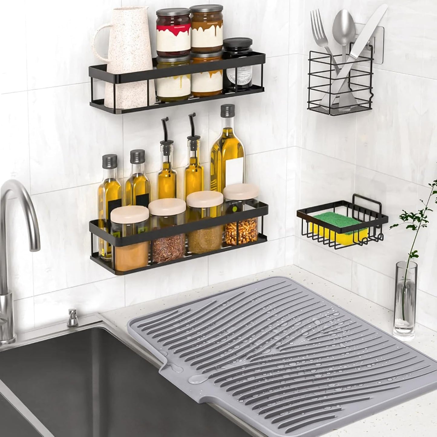 Dish Drying Mat, Stone Drying Mat for Kitchen Counter with Built-in Drain, Non-Slip Drying Matt Kitchen Counter, Heat Resistant Silicone Drying Mat, Dish Drying Pad, 2 Pcs(Grey 19.7" x 17")