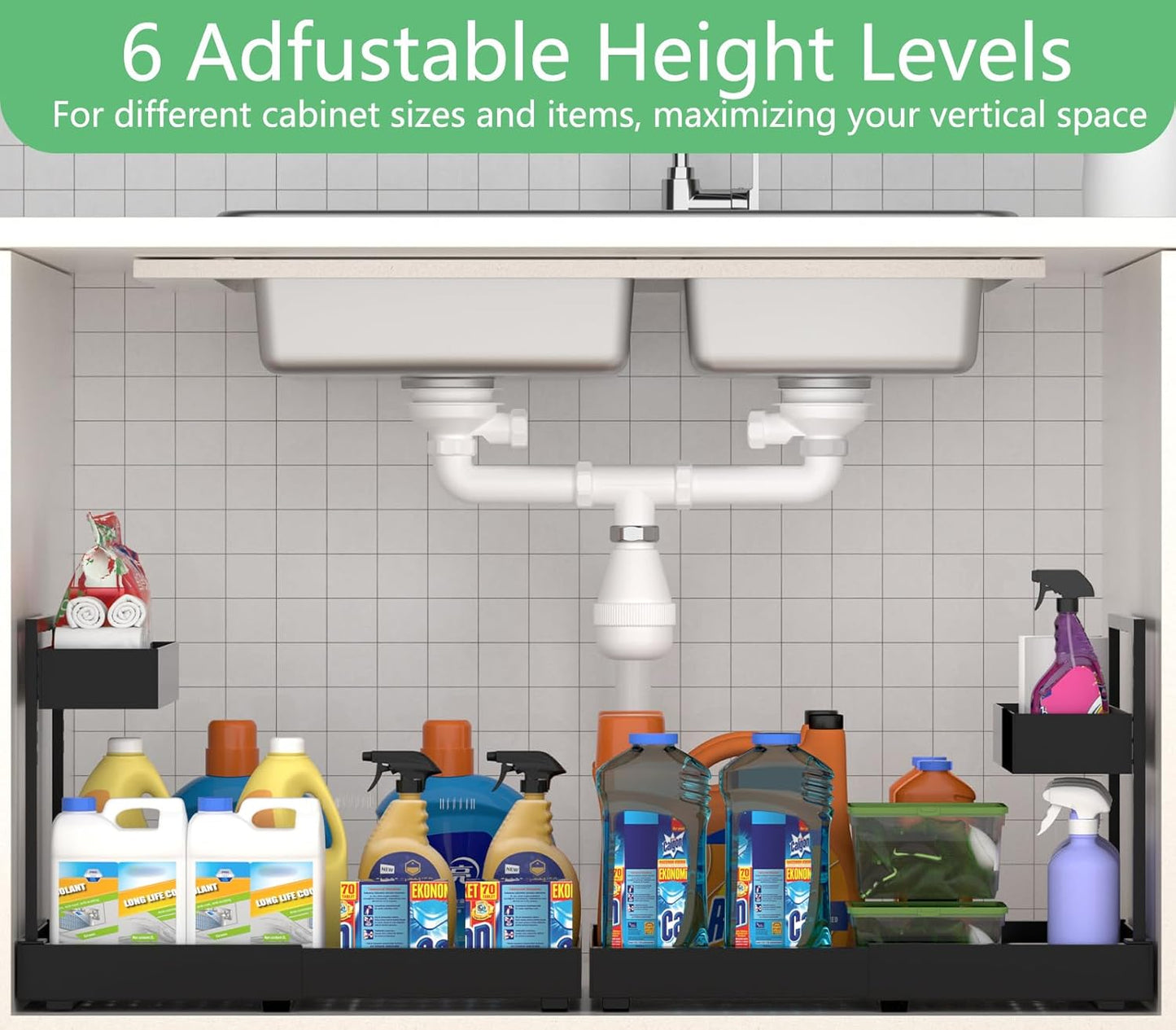 Under Sink Organizer and Storage, All Metal Heavy Duty Expandable Storage Basket, 2 Tier Bathroom Cabinet Organizer, Height Adjustable, Easy Pull Out, Black, 2 Pack