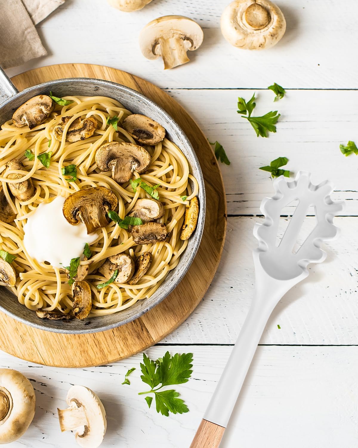 Silicone Pasta Fork, Kitchen Heat Resistant Noodle Spoon Server, BPA Free Spaghetti Strainer,12.8 inch (WHITE)