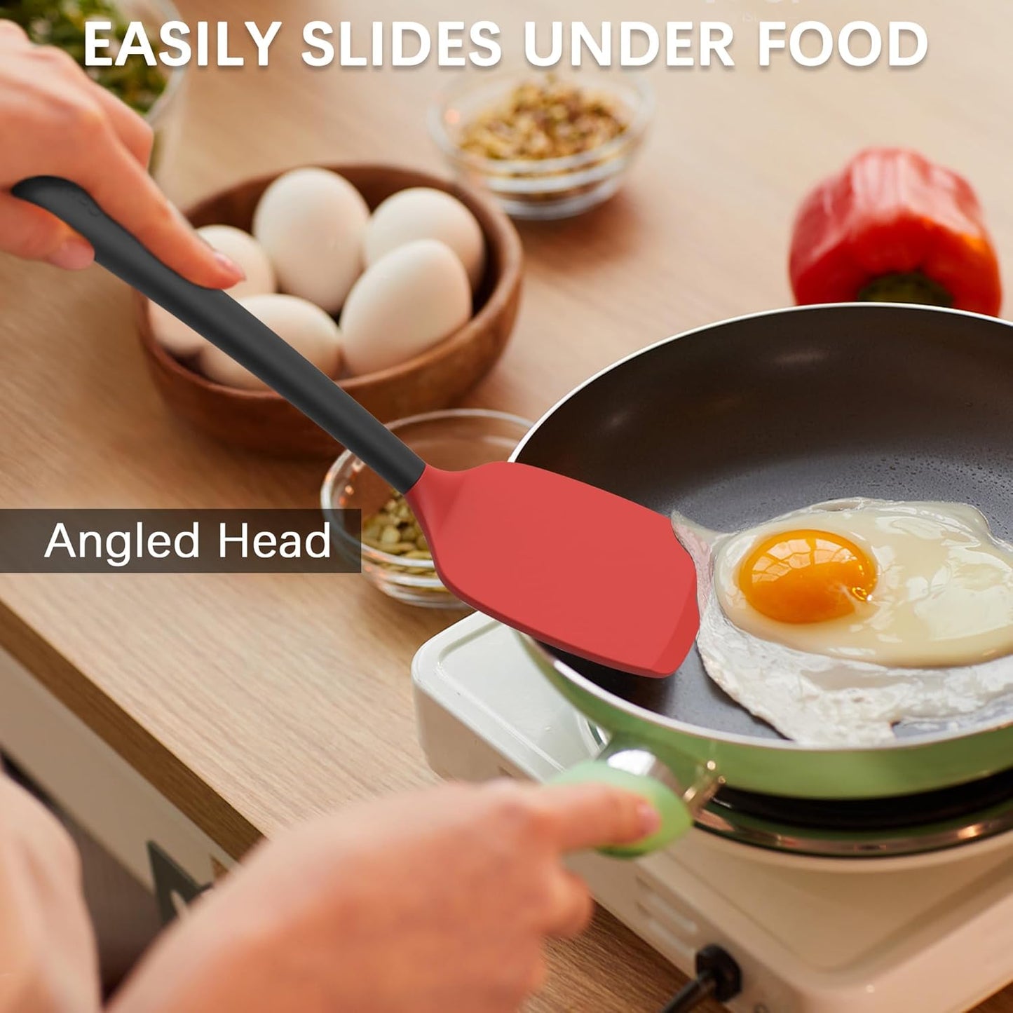 Coukre Silicone Spatula Set of 3, High Heat Resistant, BPA-Free, Kitchen Utensils, Fish Spatula, Solid & Slotted Turner for Non-Stick Pans, Flipping Eggs, Pancakes, Fish, Burgers (3, Red)