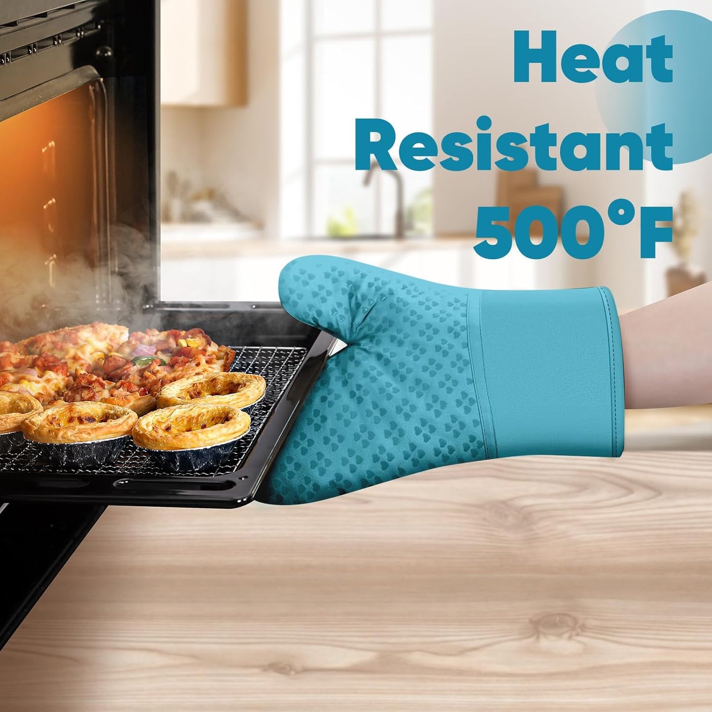 Oven Mitts and Pot Holders 4 Sets, Heat Resistant 500 ℉ Oven Mitt and Pot Holder,Oven Glove&Potholders with Non-Slip Silicone Surface,Kitchen Essentials for Cooking/Baking/BBQ-Lake Blue